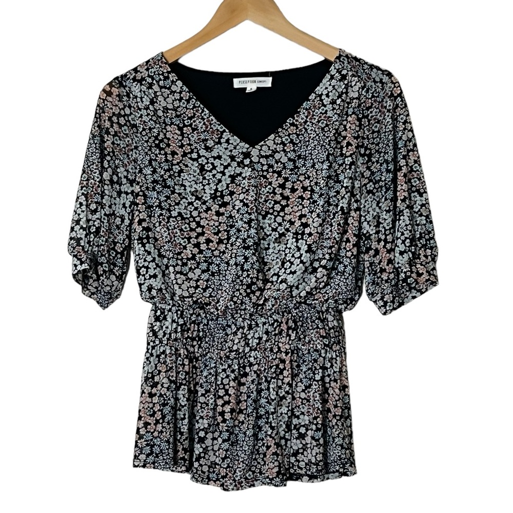 Perseption Concept | Floral spandex smocked short sleeve v-neck blouse s…